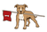 A cartoon-style brown and white dog standing on a white background, holding a red flag with a white letter H in its mouth.